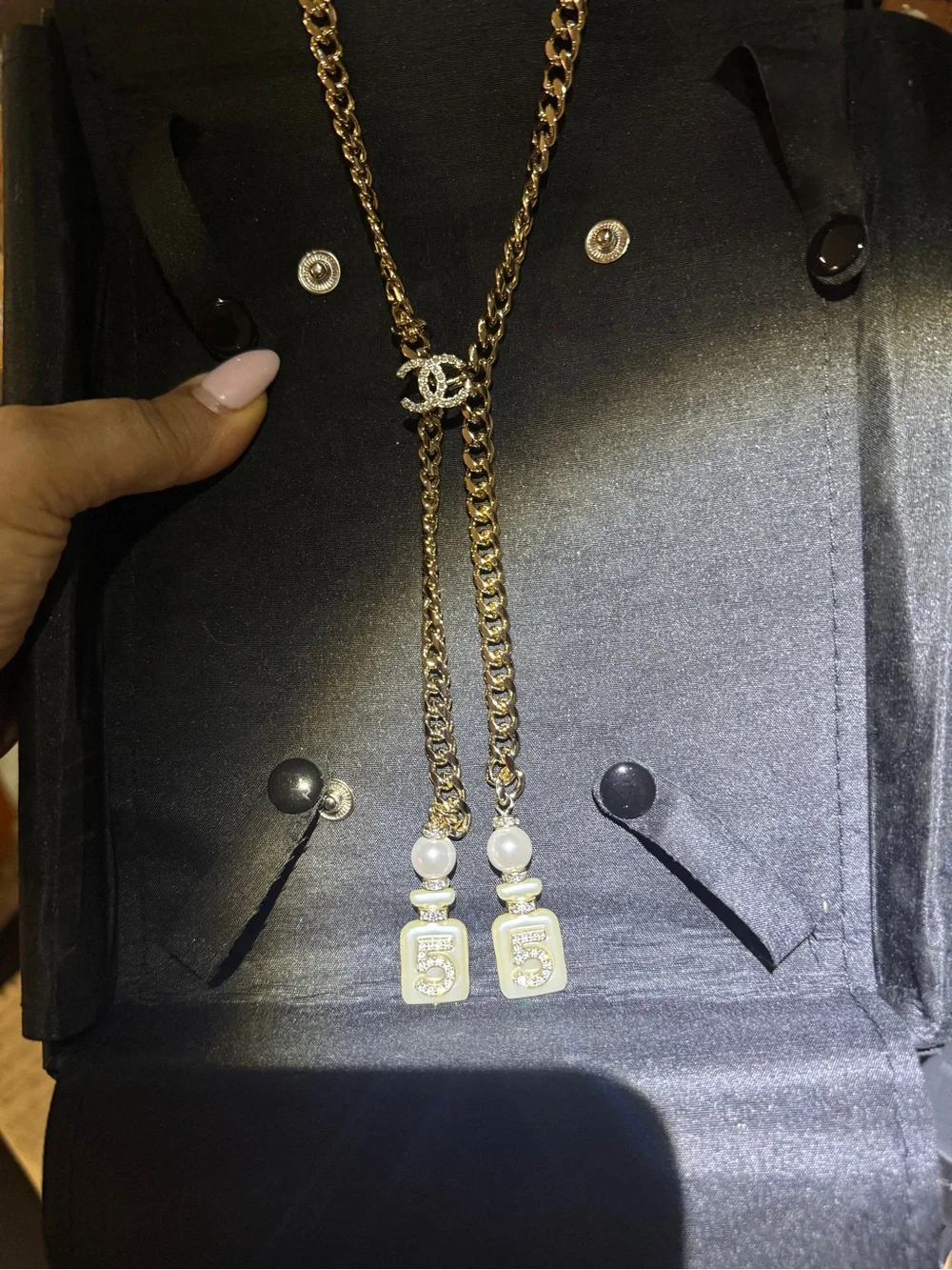 CHANEL #5 Tie Necklace with Pearls and Number 5 Drops
